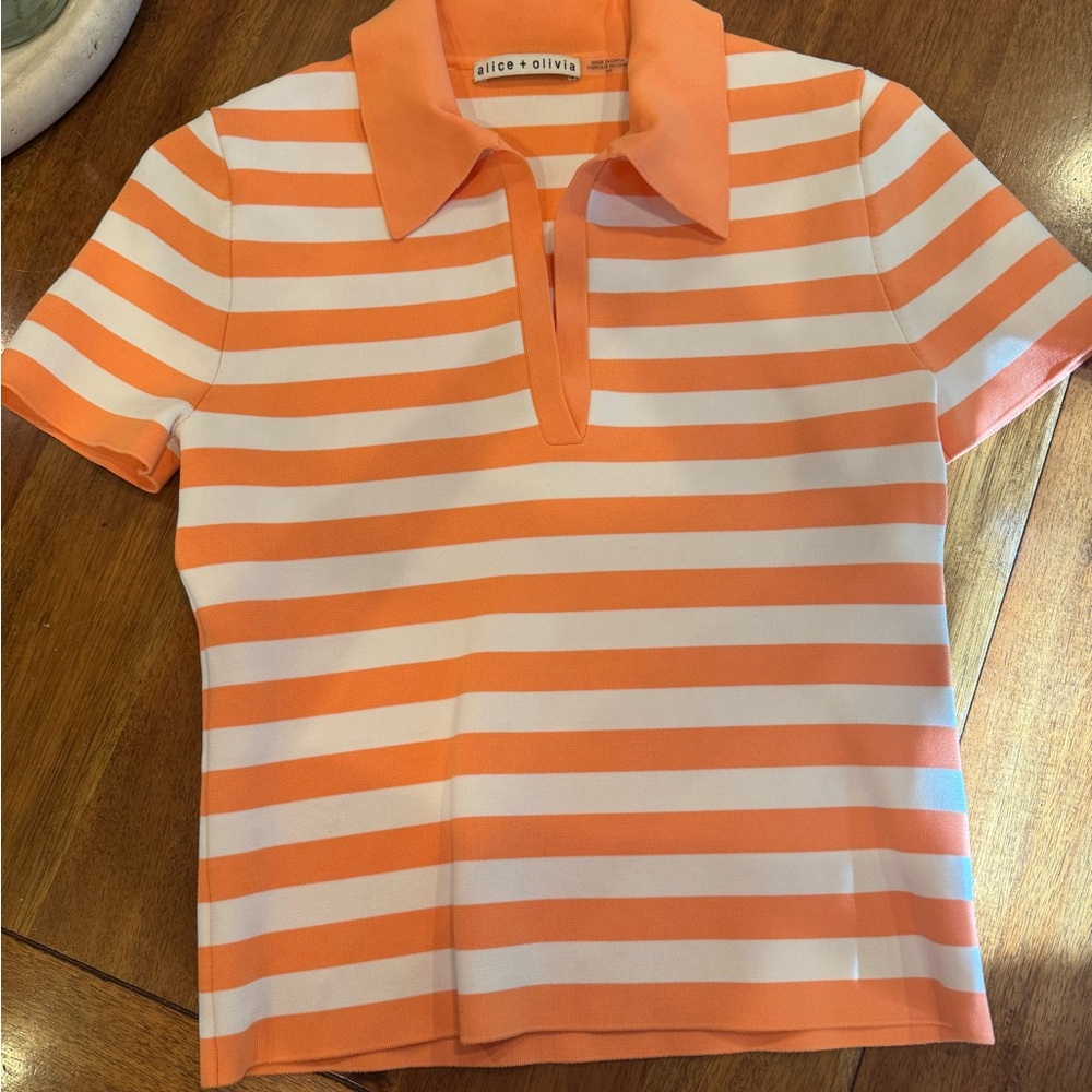 Alice + Olivia Orange and White Striped Polo Shirt